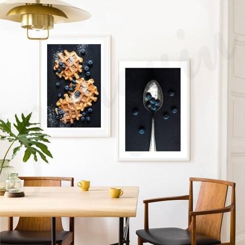 Waffle Wall Art Blueberry Canvas Painting Minimalist Style Poster and Print Food HD Image Gallery for Kitchen Room Home Decor