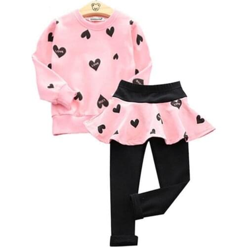 Spring Girls Sweatshirt Pants Kids Love Cotton Long Sleeve T-shirt + Skirt Leggings Suit 3-8 Years