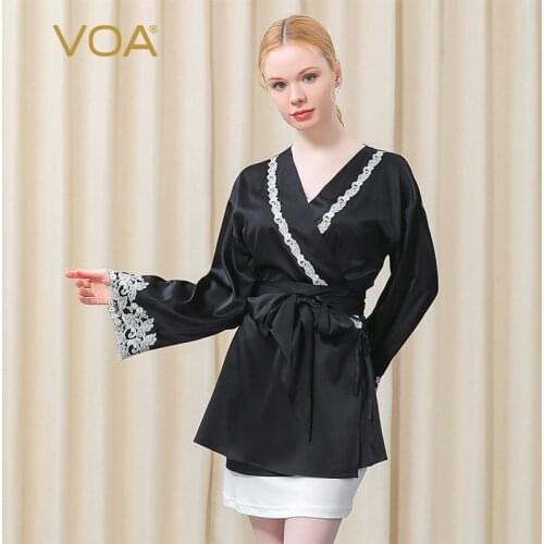 VOA Black Silk Robes for Women NE006 High Quality Luxury Nightdress Embroidered Lace Silk Nightgown Leisure Comfort Sleepwear