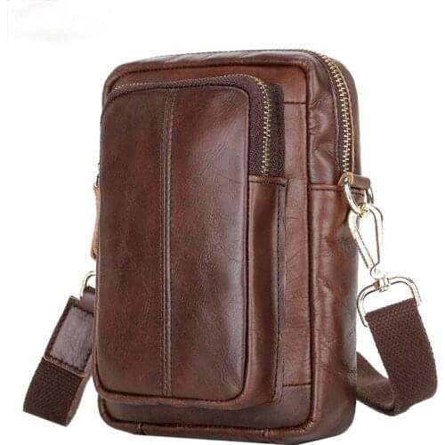 Cowhide mens waist bag, wear belt, vertical style, large capacity, multi-function mobile phone bag, diagonal shoulder bag