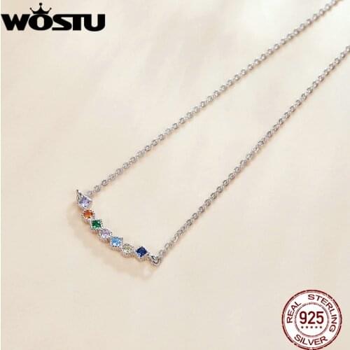 Wostu 100% Original 925 Sterling Silver Rainbow Necklace Pendant For Women Fine Link Chain Jewelry Gift DXN451