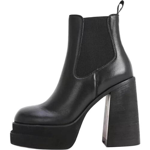 Brand Genuine Leather Women Ankle Boots Platform Shoes High Heels Black Beige Dress Party Office Lady Shoes Short Boots Size 39