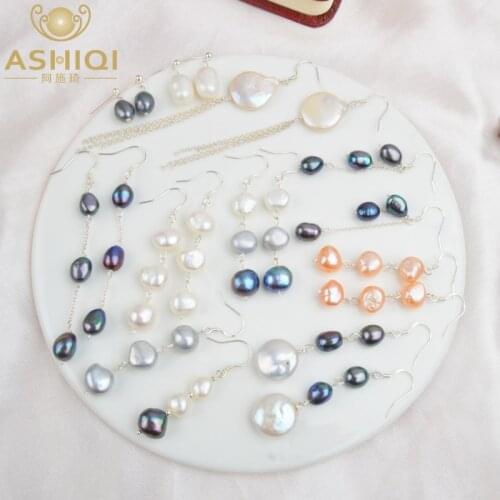 ASHIQI Natural Freshwater Pearl Earrings Real 925 Sterling Silver long korean earrings for Women Big Baroque pearl Jewelry Gift