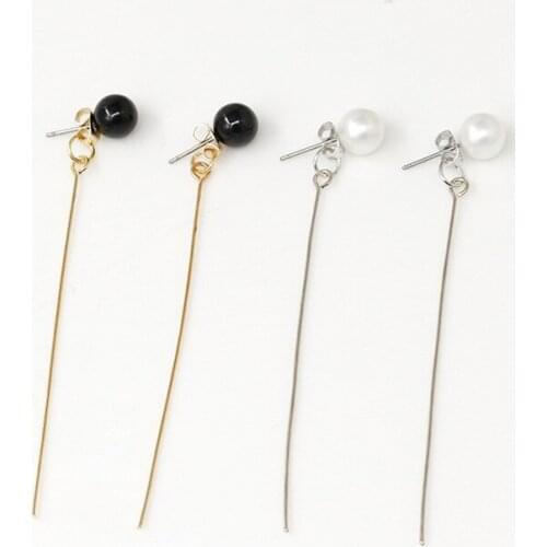 Long Thin Golden Silver Plated Alloy Pendant White Black Simulated Pearl Ball piercing Fashion Stud Earrings Women