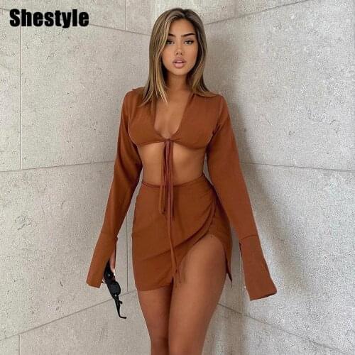 Shestyle Brown Sexy 2 Pieces Sets Women Asymmetrical Skirts V Neck Bandage Flare Full Sleeve Bandage High Waist Crop Tops 2021