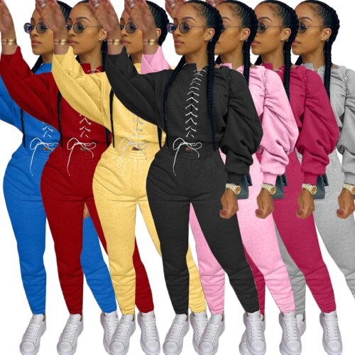 ZKYZWX Solid Two Piece Set for Women Tracksuit Fall Clothes Cross Bandage Tops Fashion Pencil Pants Lounge Wear Matching Sets