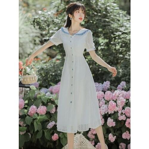 White Temperament Dress Women 2020 Summer Lotus Leaf Stitching Sweet Doll Collar Long Sleeve Niche Mid-Length Elegant Vestido