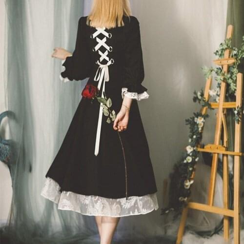 Black Vintage Dress Women Elegant Lace Patchwork Bandage Designer Dress French Style Chic Midi Dress Fall Dresses for Women 2020