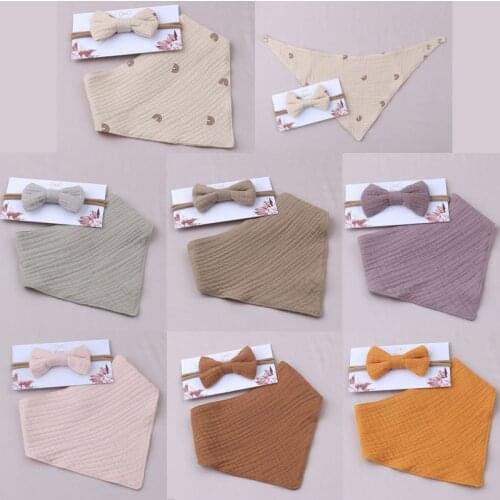 2 Pcs Baby Girls Elastic Bow Headband Saliva Towel Set Princess Bowknot Hair Band Bibs Feeding Burp Cloth Kit