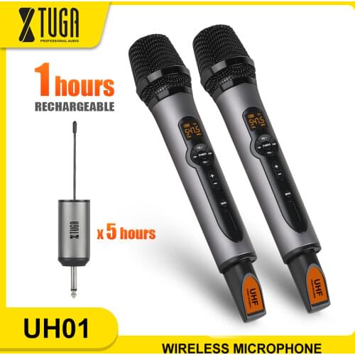 XTUGA Wireless Microphone,UHF Wireless Dual Handheld Dynamic Mic System Set with Rechargeable Receiver for Karaoke Speech Church