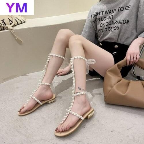 Shiny Pearl Women Sandals Gladiator Flat Heel Lace Up Bowknot Ladies Party Wedding Shoes Ankle Strap Sexy Zapatillas Mujer Casa