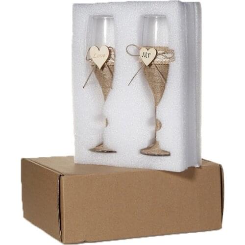 2Pcs Set Wedding Glass Personalized Wedding Glasses Wedding Champagne Toasting Flutes Burlap Lace Rustic Flutes