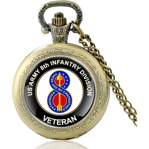 US Army 8th Infantry Division Veteran Vintage Quartz Pocket Watch Charm Men Women Glass Dome Pendant Necklace Hours Clock