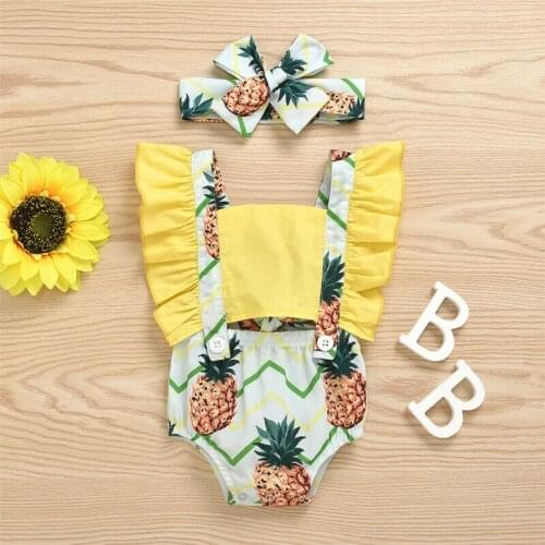 2020 Baby 0-24 Infant Baby Girls Romper Cute Pineapple Print Fly Sleeve Backless Playsuit Headband Outfit Summer Cotton Clothes