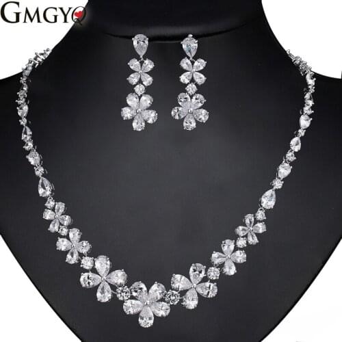 GMGYQ Elegant Charm Bride Jewelry Necklace Earrings Set Wedding Silver Ccolor Zircon Set Gifts From Girlfriends