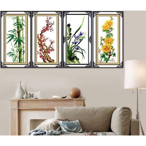 Cotton or silk thread Plum Orchid Bamboo Chrysanthemum flower cross stitch kit embroidery DIY handmade needlework set home decor