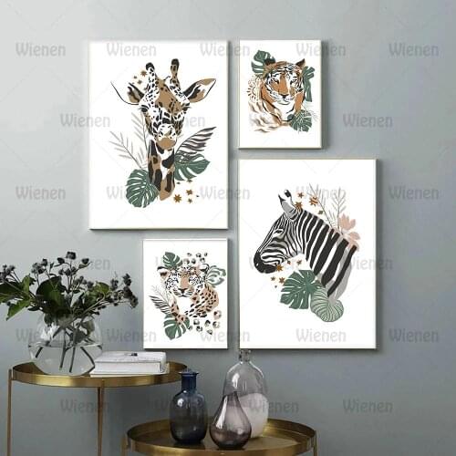 Giraffe Leopard Tiger Zebra Jungle Canvas Posters and Prints Green Leaf Wall Art Canvas Painting Pictures for Boys Living Room