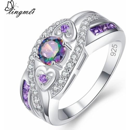 Lingmei Dropshipping Fashion Women Wedding Jewelry Oval Heart Design Multi & Purple White CZ Silver Color Ring Size 6 7 8 9