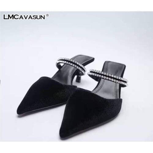 LMCAVASUN Sexy stiletto shoes New womens shoes Black velvet High heels OL pointed back empty women shoes