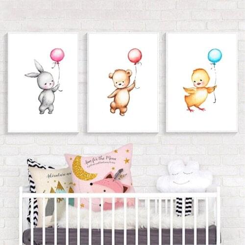 Cute Animals Rabbit Bear Balloon Posters and Prints Duck Cartoon Nordic Nursery Wall Art Picture Baby Room Decor Canvas Painting