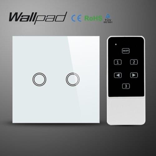 Wallpad UK EU Standard 2 Gang 1 way White Remote Control Switch Crystal Glass Panel Touch Wall Light Switch With LED Indicator