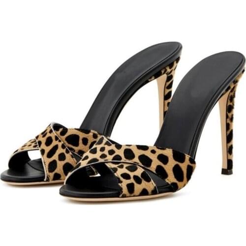 Cheap Summer Woman Leopard Horse Fur Open Toe Thin Heels Slip On Slippers High Quality Sexy Peep Toe Casual High Heel Sandals