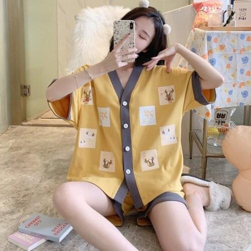 Kawaii Cow Nightgown New Japan Bullhead Kimono Homewear Sweet Girl V Neck Pink Blue Sleepwear Polyester Soft Pajamas Set
