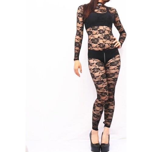Plus Size Long Sleeve Zipper Open Crotch Bodysuit Lace See Through Bodystocking Sexy Hot Erotic Lingerie Tights Jumpsuit Leotard