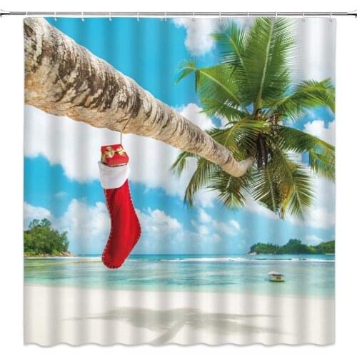 Christmas Shower Curtains Xmas Decoration Red Socks Ocean Beach Scenery Coconut Tree Bathroom Decor Polyester Cloth Curtain Set