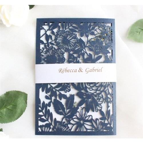 Rural invitation card leaf floral greeting card with belly band navy blue dark green burgundy coffee personalized printing 50pcs