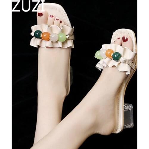 ZUZI High-heeled Slippers Women Summer Pumps 2021 New Fashion Transparent Square Head Thick Heel Beaded Sandals Slippers Women