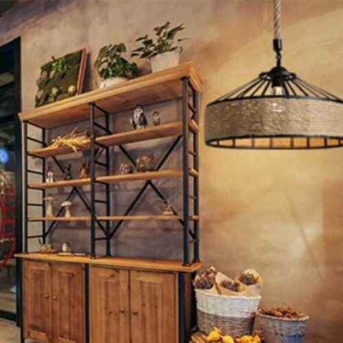 Retro Industrial Iron Vintage Loft Chandelier Hanging Lamp Vintage Rope Pendant Lamp Ceiling Lamp, Rustic Hemp Rope Iron Round