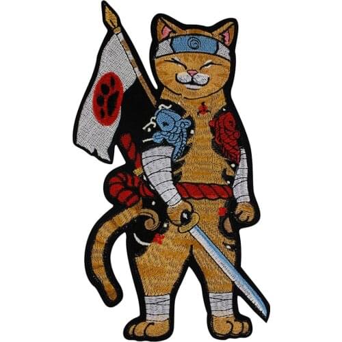 Japanese Samurai Athlete Cats Large Size Embroidered Iron on Patches Appliques Back of Jackets Vests Clothing Accessory Sew DIY