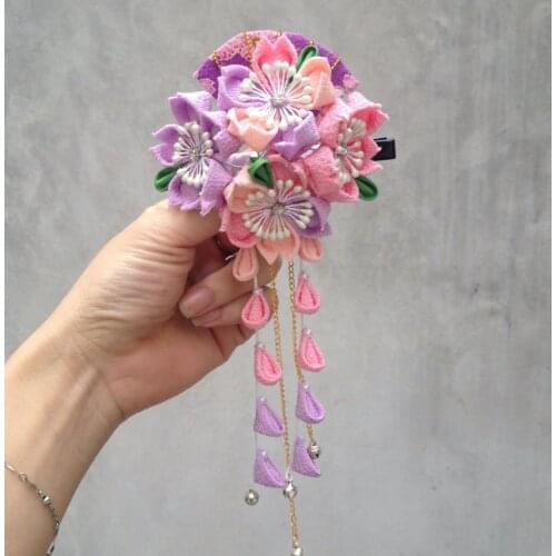 Sakura Tsumami zaiku kanzashi Hairpin Bell tassel Hair Clip Japanese Geisha Kimono Yukata Accessory Handwork Ornaments Cosplay
