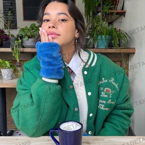B-TOTO American Retro Green European And American Woolen Baseball Uniform Jacket Female Tide Ins Autumn Jacket 2021