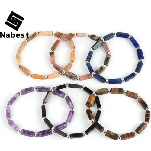 Women Men Natural Stone Tiger Eye Amethysts Tube Beads Bracelet Agates Quartz Labradorite Lapis Lazuli Spot Stone Bangle Jewelry
