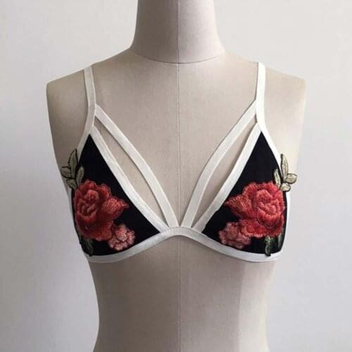 Women Sexy Bralette Strappy Crop Erotic Underwea Fashion Deep-V Flower Embroider Sexy Unpadded Bra