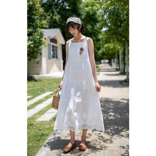 2021 New Summer Women Dress Literary Embroidery Cotton linen Loose Long Dresses Women Japan Style