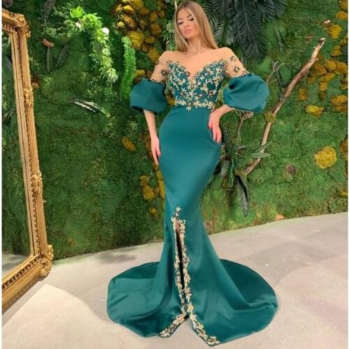 Sexy Evening Dresses Slide Split Appliques Beading V-Neck Half Sleeve Zipper Mermaid Gowns Novia Do 2021 Party