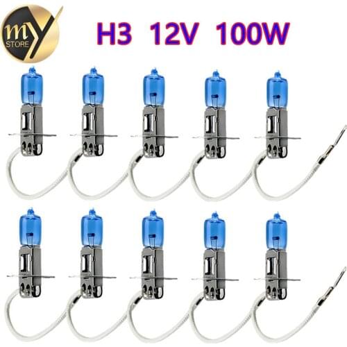 10pcs H3 100W 12V Halogen Bulb Super White Fog Lights High Power Car Headlight Lamp Car Light Source 6000K parking
