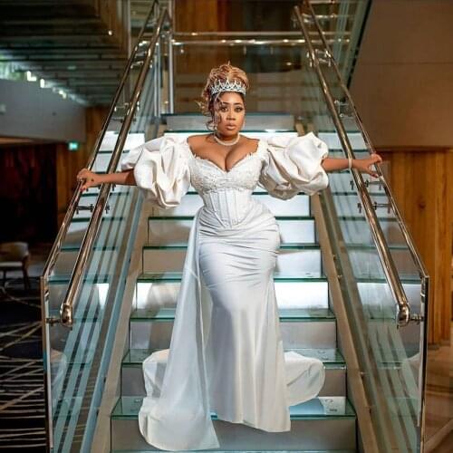 2021 New Designer Wedding Dresses Plus Size Mermaid With Overskirt Half Sleeves Extr Puffy Lace Beaded Long Bridal Gowns Aso Ebi