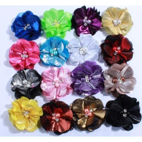 60PCS 5.5CM Hot Sale Fabric Flowers with Rhinestone Pearls For Headbands Metallic Fake Flower For Shoe Head Wear