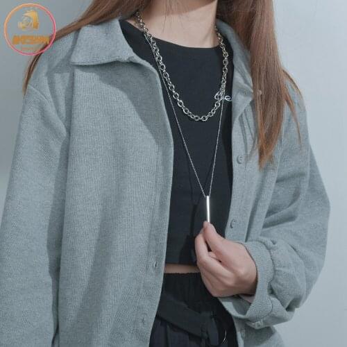 Akizoom Fashion Double Layer Rectangle Pendant Necklace Stainless Steel Thick Chain Vintage for Women Girls Jewelry Party Gift