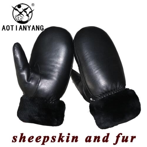 Mens Leather Gloves Sheepskin Real Wool Mittens Womens Authentic Fur Winter Thicken Windproof Cold-Proof Driving Cycling