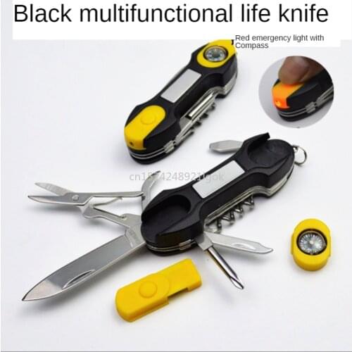 Emergency Light Multi-Function Knife with Compass Outdoor Black Multi-Purpose Spare Utility Knife Red Light Life Knife