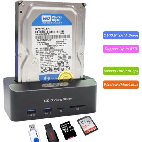 External 2.5"/3.5" USB 3.0 5Gbps SATA Hard Drive Docking Station HDD SSD Box With 2 x USB 3.0 Hub TF/SD Card Reader Support UASP