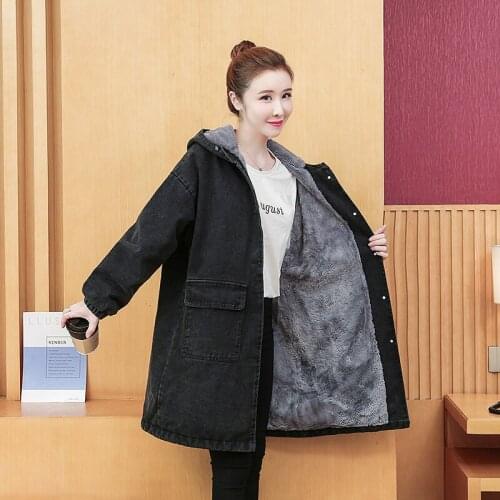 Lamb Wool Denim Cotton Coat Female Mid-Length 2020 Winter Korean Loose Plus Fleece Large Fur Collar Padded Clothing Women E360