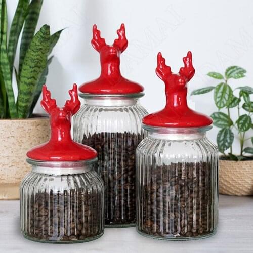 European Glass Storage Jars with Lid Kitchen Cereal Dispenser Elk Decorative Desktop Snacks Organizer Jar Home Decoration Modern