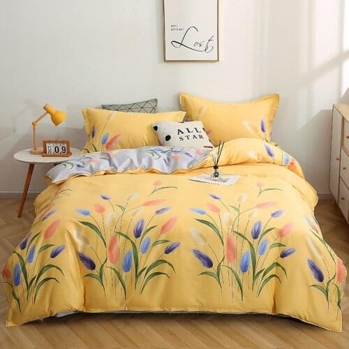 Lucky Yellow Print Cotton Embroidery Bedding Set High Density Satin Duvet Cover Set Bed Linen Pillowcase Home Textile King Queen