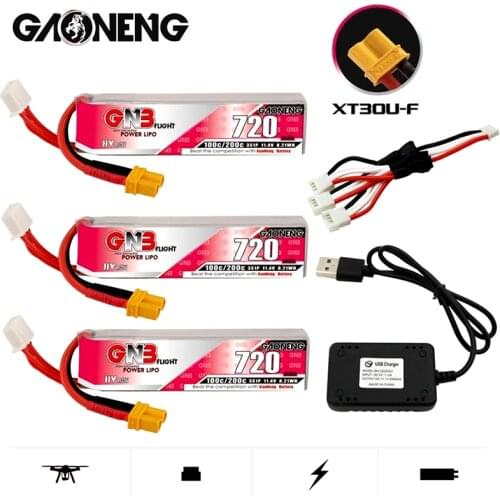 GAONENG GNB HV Lipo Battery 720mAh 3S 11.4V With a Charger XT30U-F Plug 100C/200C for RC Tinywhoop FPV Frame Kit Racing Drone